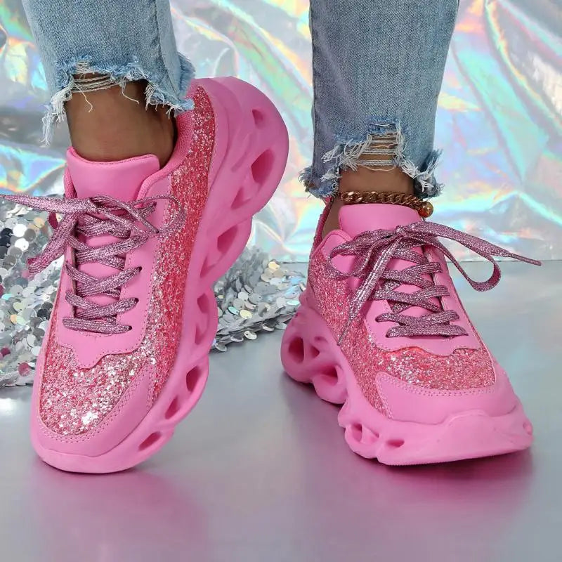 Bling Sports Shoes Women Platform Thick Sole Running Shoes Woman Sneakers Glitter Lightweight Casual Sparkling Women Shoes Pink