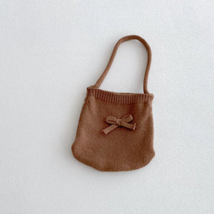 Baby Girl 3-Piece Knitted Outfit Set  Autumn Cute Bowknot Cream Sweater + Brown Ruffle Flared Pants + Mini Bag Girls Clothing