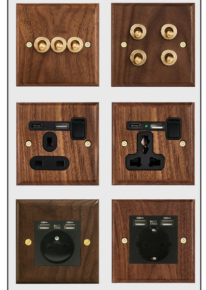 Black walnut retro European retro wall lamp switch socket, solid wood brass toggle switch board 1-4Gang 2Way antique home switch