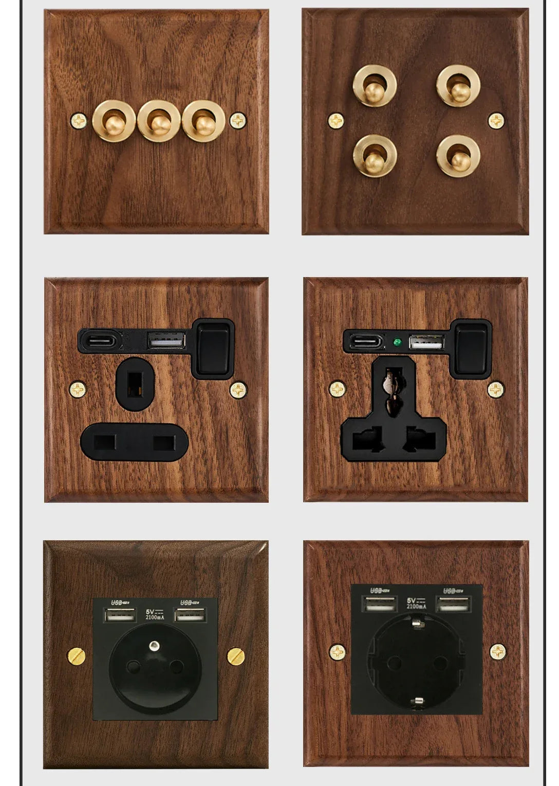 Black walnut retro European retro wall lamp switch socket, solid wood brass toggle switch board 1-4Gang 2Way antique home switch