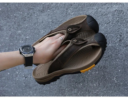 Genuine Cow Leather Shoes Men Sandals Mens Flip Flops Men's Casual Shoes Classic Massage Beach Slippers Anti-slip Summer 2025