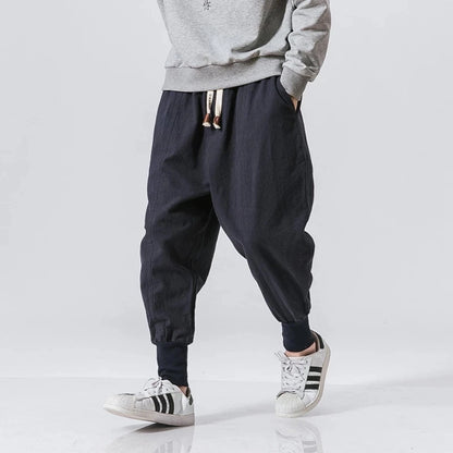 Cotton Linen Harem Pants Men Solid Elastic Waist Streetwear Joggers New Baggy Drop-crotch Pants Casual Trousers Men