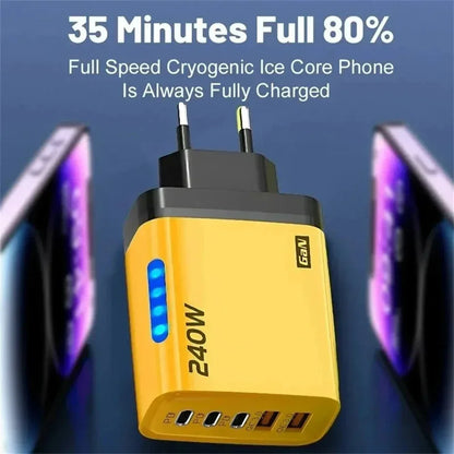 Total 240W Power GaN Charger 5 in 1 Fast Charging Charger PD Adapter For iPhone Samsung Xiaomi Huawei Laptop Tablet 2USB 3C