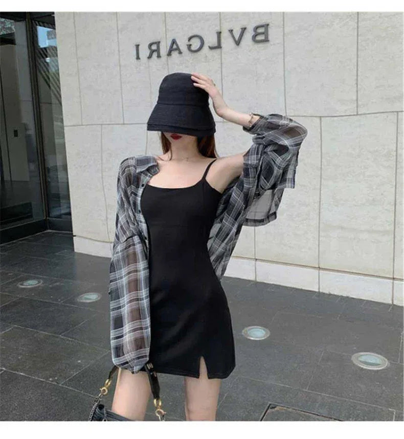 2024 Summer Autumn New Women's Shirt Thin Casual Street Style Shirt Outer Top Checkered Shirt Cardigan Coat for Women