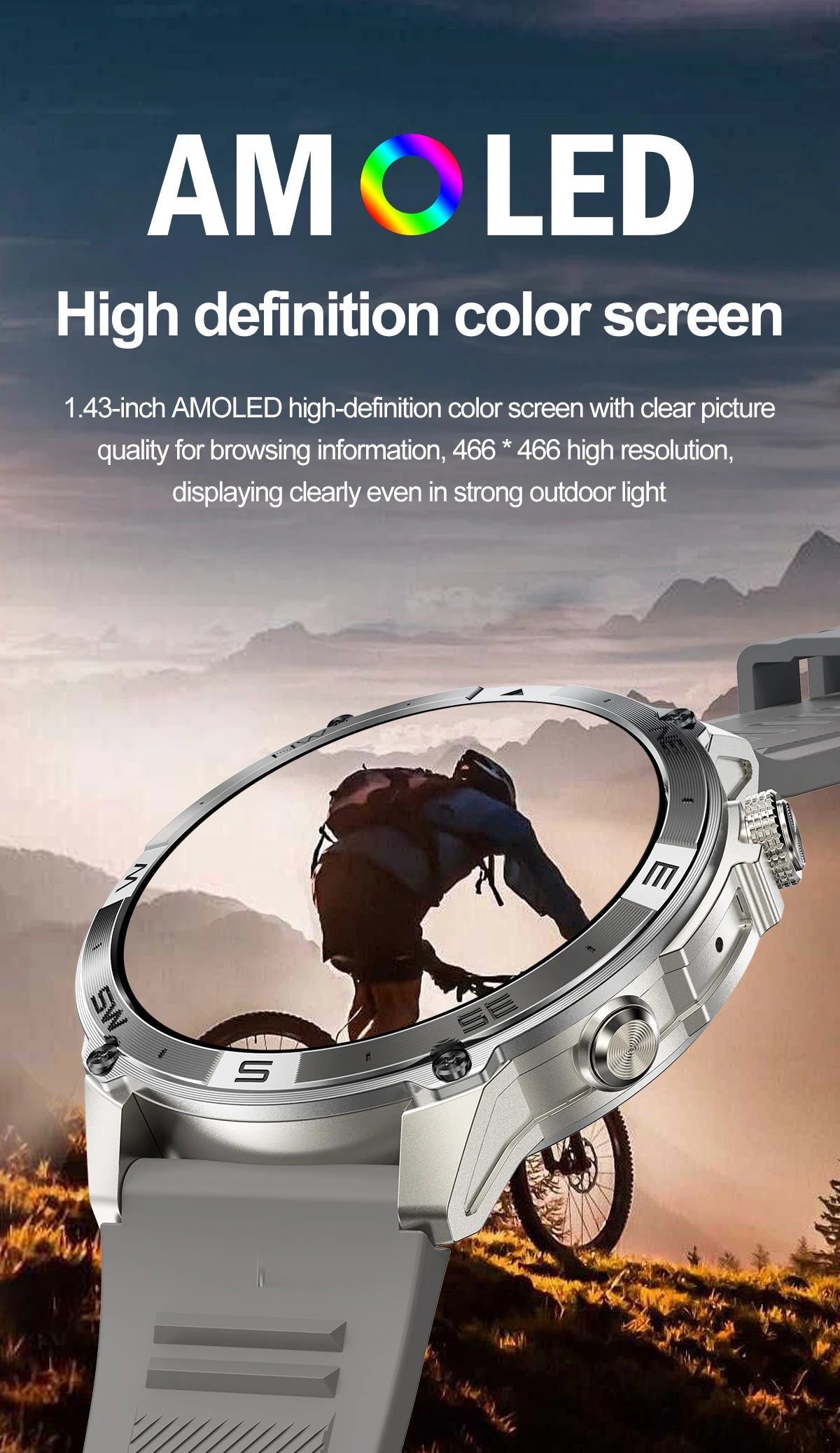 NORTH EDGE NEW GPS Smart Watch 1.43'' HD AMOLED Display Built-in GPS Altitude Barometer Compass Bluetooth Phone Call Smartwatch