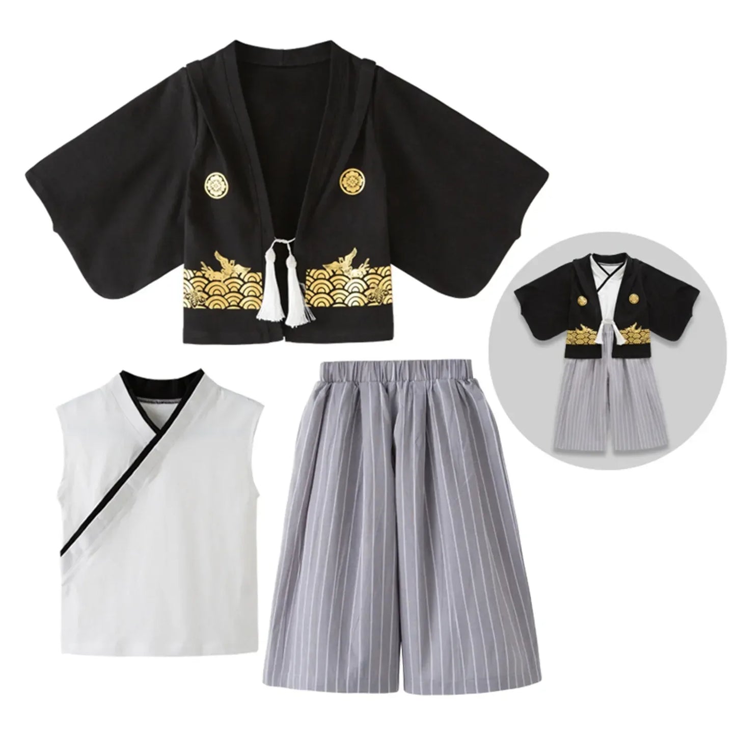 Boys' Kimono Set Traditional Jinbei Kimono For Weddings Graduations Cherry And Autumn Festivals Boys Winter Outfit