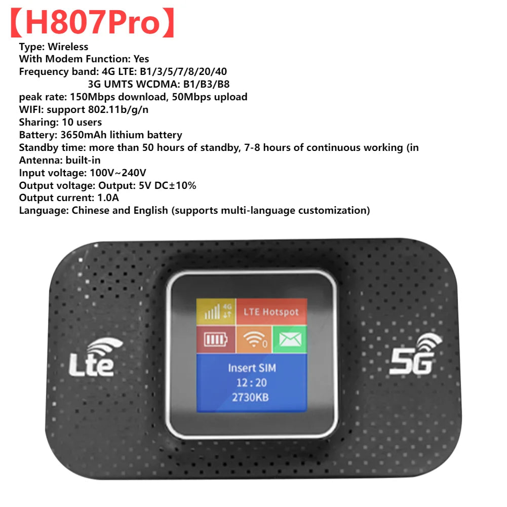 4G LTE Mini Outdoor Hotspot Sim Card Slot Wireless Router 2100mAh Portable Network Hotspot Device Colorful LED Display