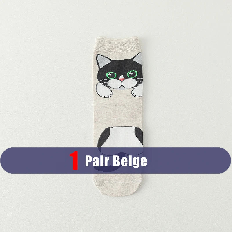 1/5 Pairs New Arrivals Women Socks Cartoon Animal Cat Spring Autumn Kawaii Comfortable School Girls Female Casual Funny Socks