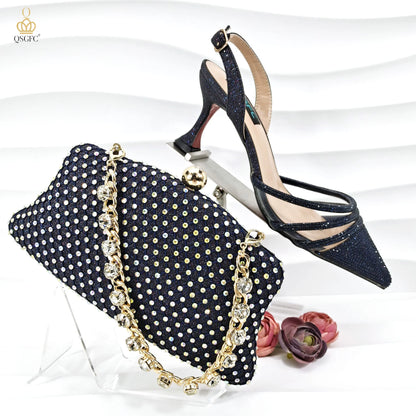QSGFC African Women's Fashion Crystal Square Button Pointed High Heels Water Diamond Shiny Wine Color Sandal Bag Set