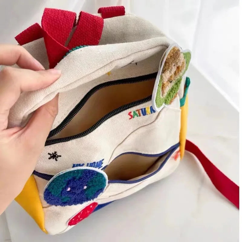 New Embroidery Sun Long Neck Small Dinosaur Backpack Hook Hair Embroidered Cartoon Canvas Kindergarten Children Backpack