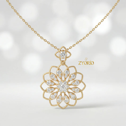 Women's Luxury Gold Floral Bloom Diamond Pendant Sterling Silver Gold Plated Chain Sparkling Wedding Jewelry by PDG ibma