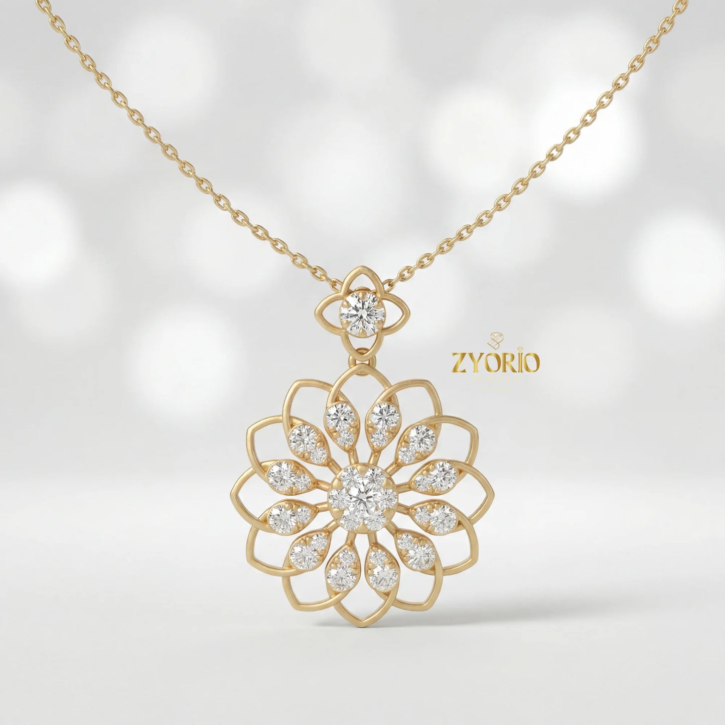 Women's Luxury Gold Floral Bloom Diamond Pendant Sterling Silver Gold Plated Chain Sparkling Wedding Jewelry