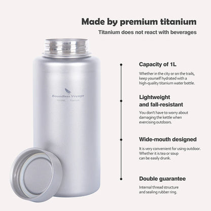 Boundless Voyage Sports Bottle 1000ml, Titanium Water Bottle Wide Mouth, Camping Hiking Cycling Drinkware, Tea Coffee Canteen
