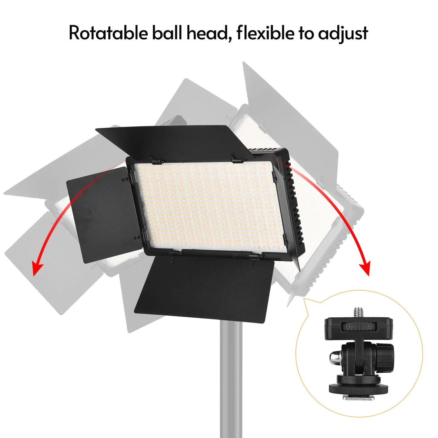 Andoer LED-600 LED 3200-5600K Video Light Photography Light Panel with Barndoor 1/4 Inch Screw Ball Head for Photography Studio