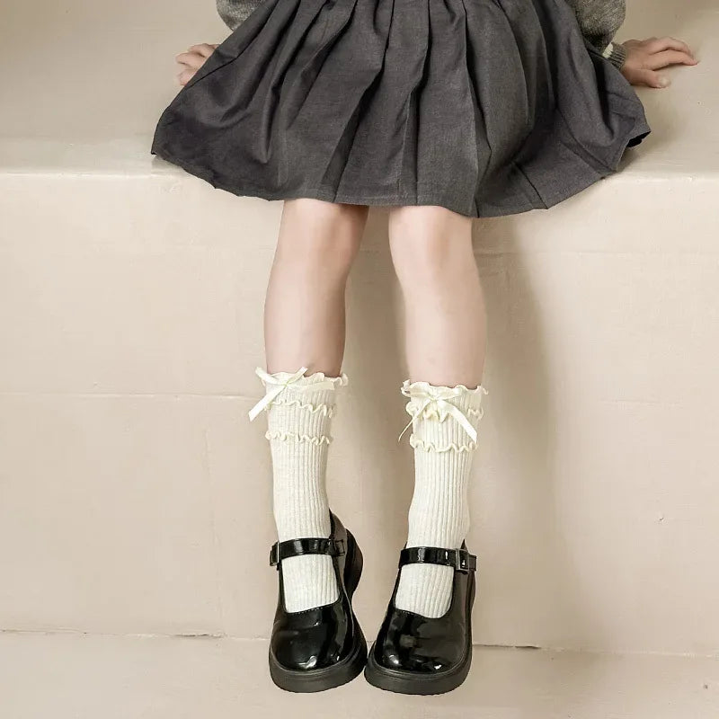 Korean Fashion Lace Lolita Calf Sock for Kids Girl Beige Black Color Ruffle Bow Children Calf Sock Spring Autumn Cotton Sock