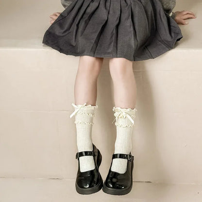 Korean Fashion Lace Lolita Calf Sock for Kids Girl Beige Black Color Ruffle Bow Children Calf Sock Spring Autumn Cotton Sock
