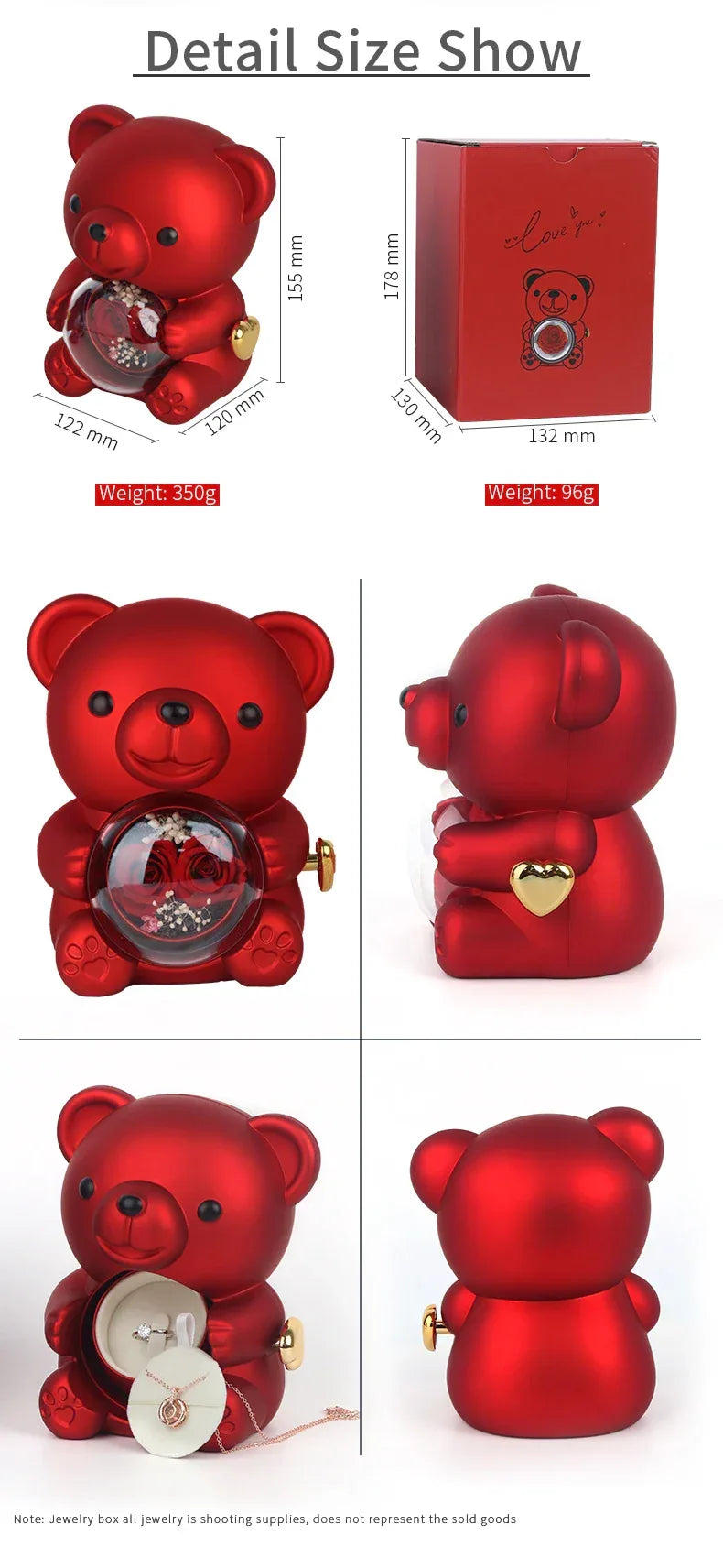 Cute Teddy Bear Design Jewelry Box for Girlfriend, Wife, Mother's Day, Birthday, Valentine's Day Surprise Heart Necklace
