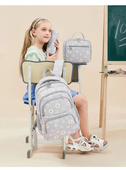 Daisy Pattern School Bag Backpack Pencil Case Handbag Three Piece Set Nylon Fabric Waterproof Boys Girl Teenagers Trend Backpack