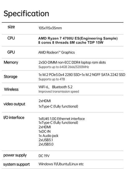 Topton Palm Gaming Mini PC AMD Ryzen 3 5300U ES 7 4700U ES 2*M.2 Slots 2*DDR4 Portable Office Desktop PC Windows 11 MiniPC WiFi6