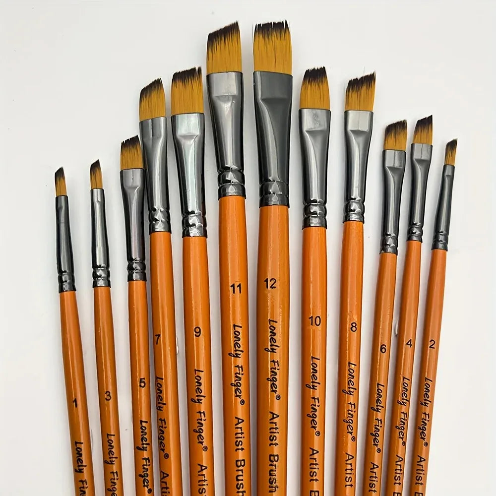 12pcs Premium Angular Paint Brushes - High-Quality Nylon Hair Angled Watercolor Brushes for Acrylics, Watercolors, Gouache
