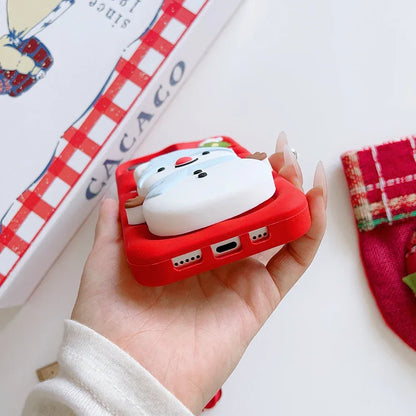 Cute 3D Cartoon Christmas Snow Man Telescopic Bracket Case For iPhone 16 15 14 13 12 Pro Max Soft Silicone Stand Holder Cover