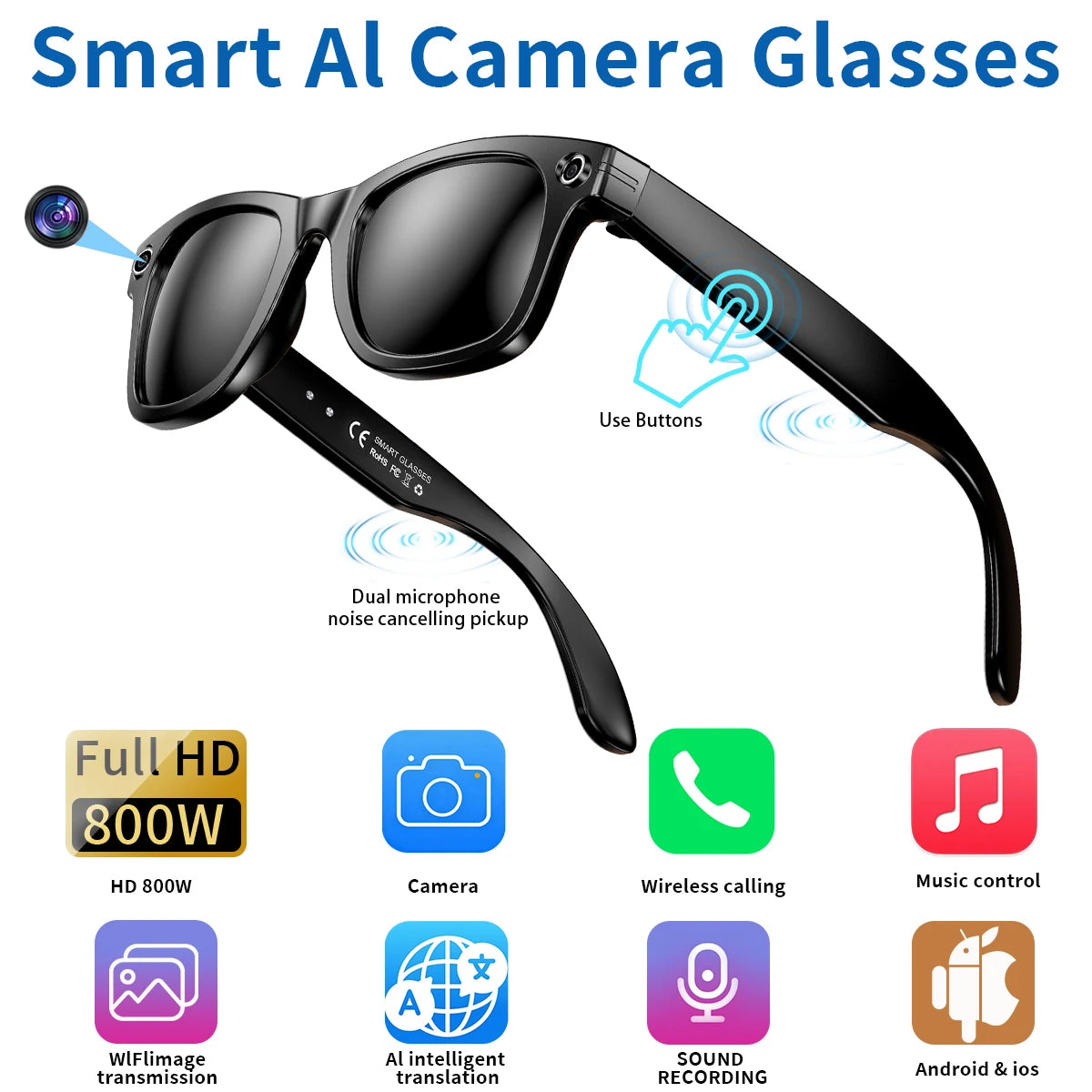 Lunettes intelligentes IA avec caméra 8 MP, enregistrement vidéo, traduction, appels Bluetooth et lecture de musique. Modèle unisexe.