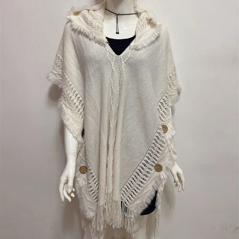 Women Knitted Cape Shawl Wrap Cloak Ethnic Hooded Poncho Hoody Jumper Sweater Tassels Dropshipping