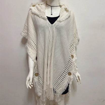 Women Knitted Cape Shawl Wrap Cloak Ethnic Hooded Poncho Hoody Jumper Sweater Tassels Dropshipping