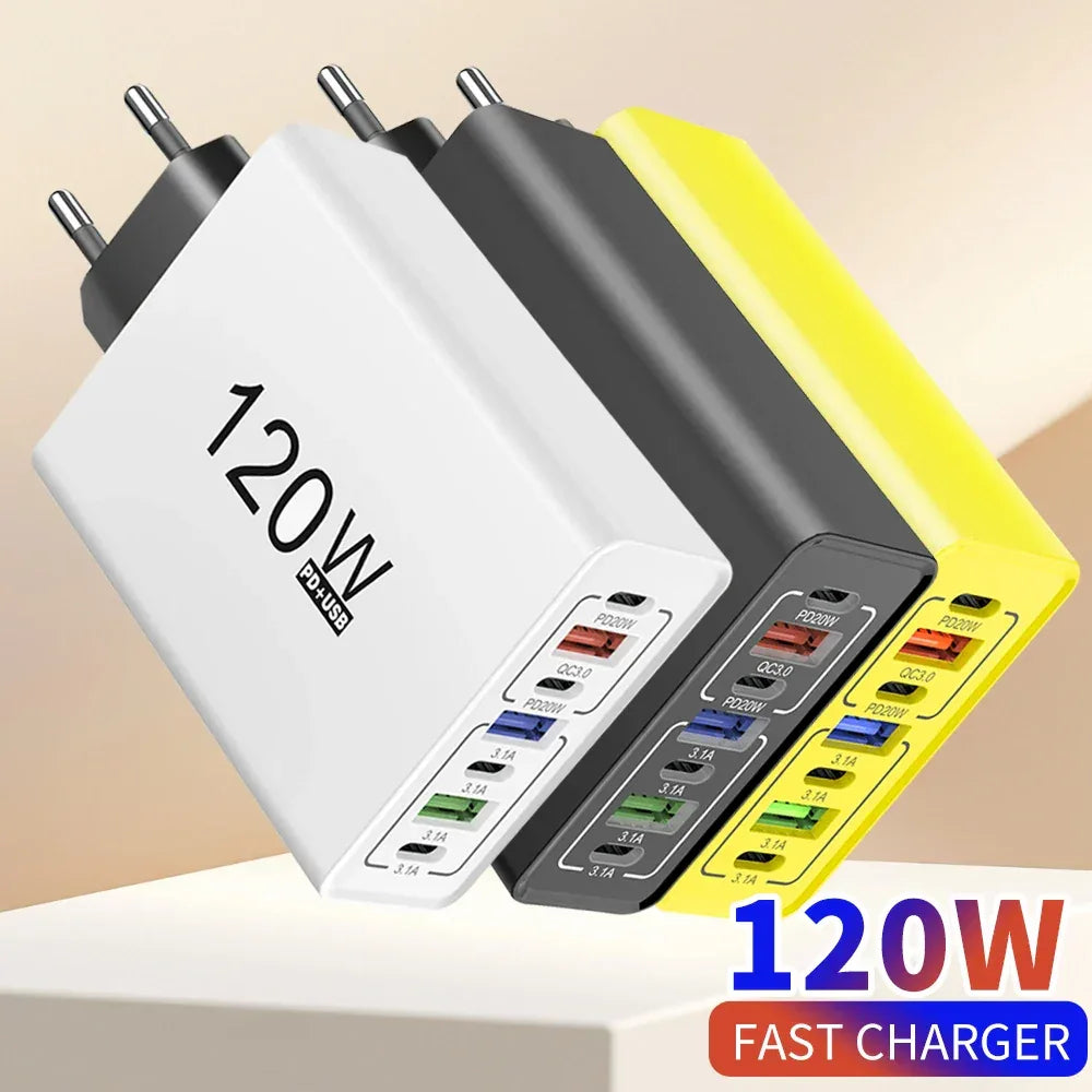 PD 120W USB Type C Fast Charging Mobile Phone Charger 7 Ports EU/US Plug Charger For iPhone Huawei Xiaomi Samsung Wall Charger