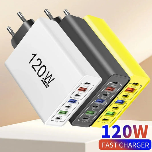 PD 120W USB Type C Fast Charging Mobile Phone Charger 7 Ports EU/US Plug Charger For iPhone Huawei Xiaomi Samsung Wall Charger