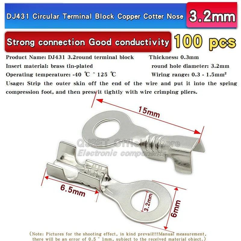 100PCS Circular Terminal Blocks DJ431 O-ring lugs Cold pressed connectors Copper lugs Terminal blocks Open ended bare ends 6.3mm
