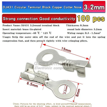 100PCS Circular Terminal Blocks DJ431 O-ring lugs Cold pressed connectors Copper lugs Terminal blocks Open ended bare ends 6.3mm