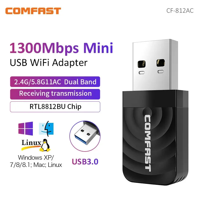 Comfast 650M/1300Mbps WiFi Adapter 2.4G&5.8G Wireless Network Card 11AC WiFi USB Adaptador Laptop PC Wifi Receiver Win 7 8 10 11