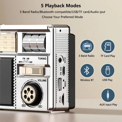 Vintage Solar AM/FM/SW Bluetooth Speaker Radio with USB/TF MP3 Player, Rechargeable Battery FM Receiver Radio for Home&Outdoor