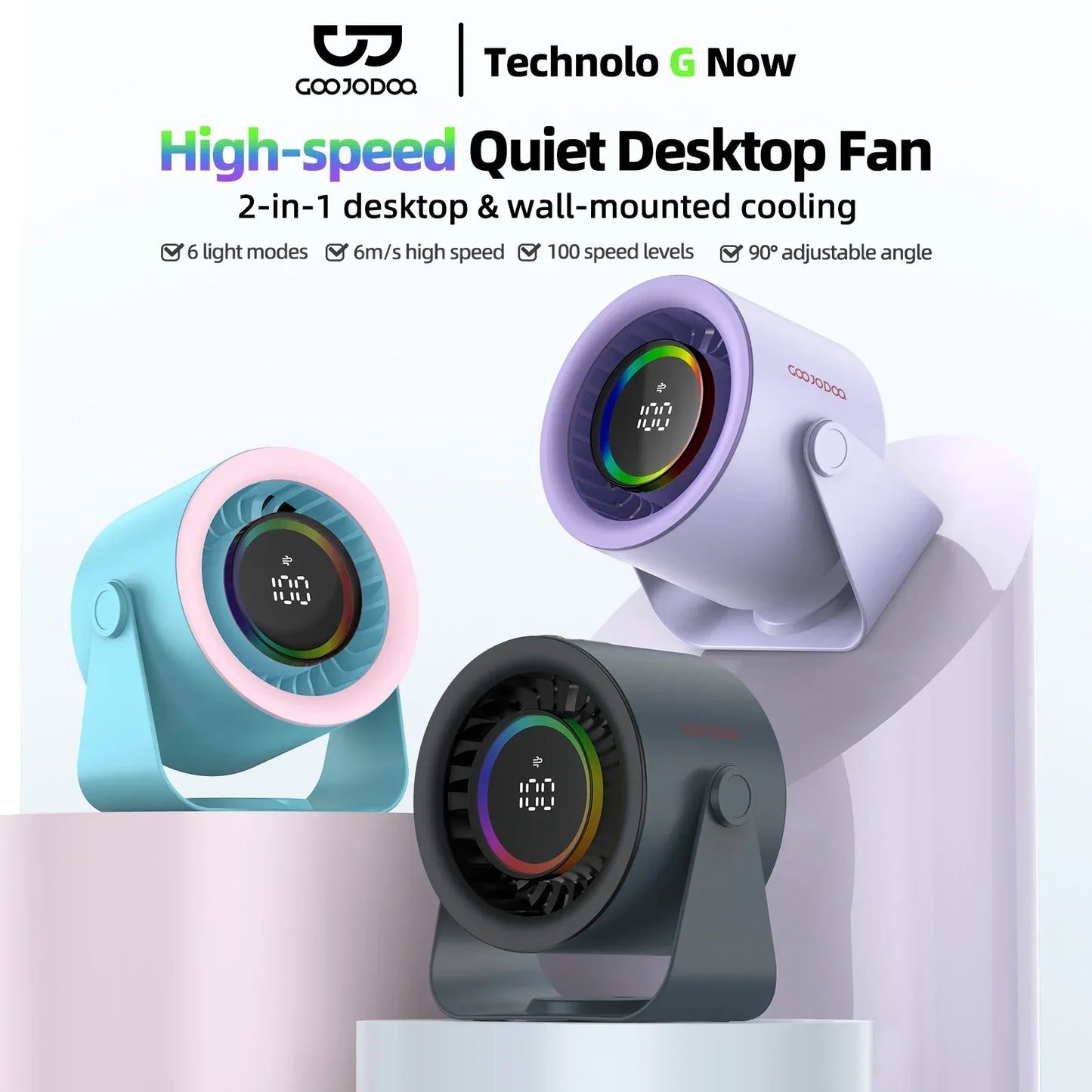 GOOJODOQ Desktop Fan 4000mAh Silent Adjustable Speed Air Circulation Fan 100 Speeds with Digital Display Wall Mountable