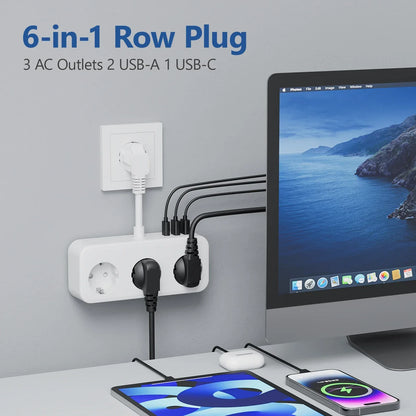 3840W EU Plug Power Strip with 2USB-A and Type-C Fast Charging Outlets Adapter Electrical Socket 250V 16A with Expansion Cable