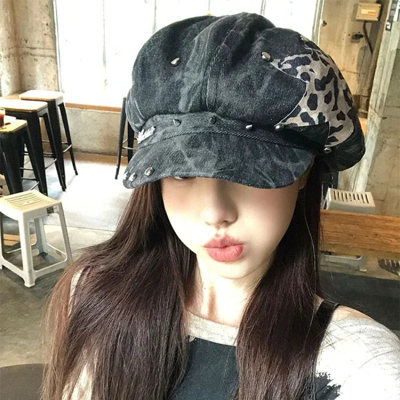 American Punk Style Rivet Star Design Octagonal Hats for Women Spring and Autumn Casual Versatile Retro Washed Denim Berets Cap