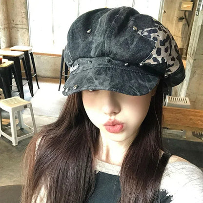 American Punk Style Rivet Star Design Octagonal Hats for Women Spring and Autumn Casual Versatile Retro Washed Denim Berets Cap