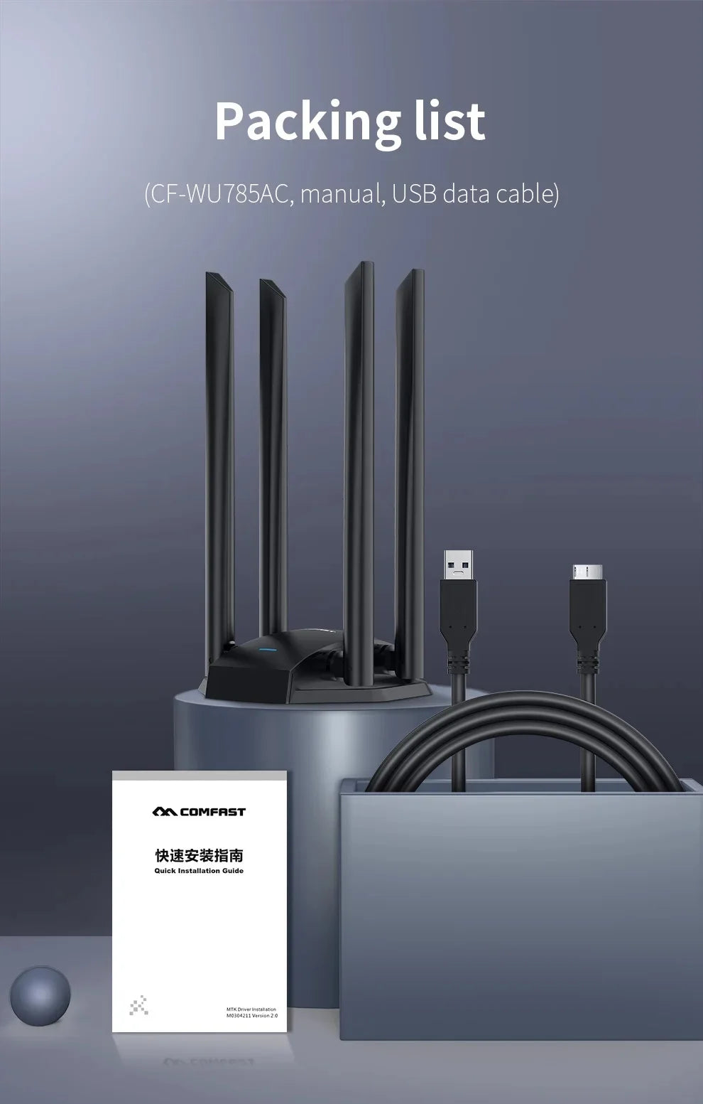 COMFAST 1300M Adaptador Wi Fi Banda Dupla Sem Fio 2.4G/ 5GHz 4 Antenna USB3.0 Wireless USB Placa Wifi Pra PC  Kali Linux Adapter
