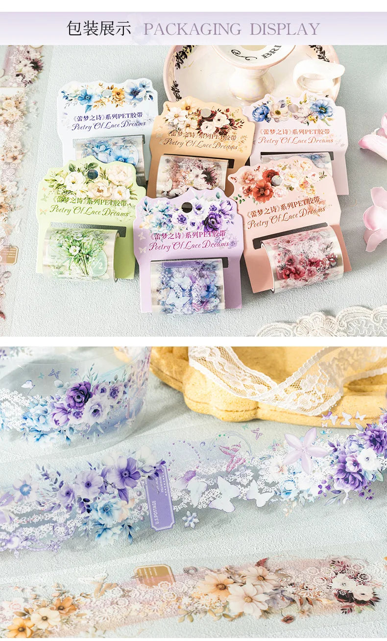 Mr. Paper 1 Roll Lace Flower PET Tape Home Decoration for Scrapbook Frame Phone Case Notebook Phone Case Collage Sticker Gifts