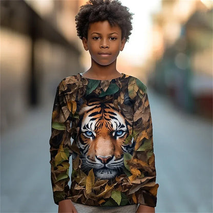 Clothing For Boys Leaf Tiger Animal Monkey Print Long Sleeve Top For Children T-Shirt Teenagers 2023 Autumn Girls Tshirt Kids