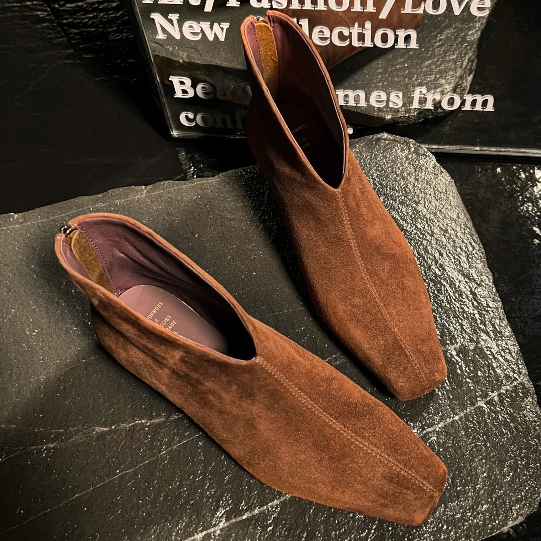 Women's natural suede leather pointed toe back zip kitten heel autumn ankle boots elegant ladies short booties shoes for woman