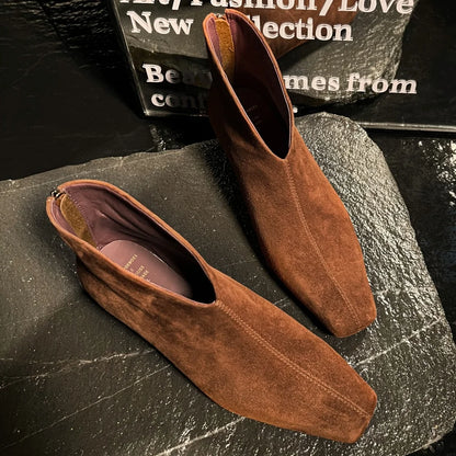 Women's natural suede leather pointed toe back zip kitten heel autumn ankle boots elegant ladies short booties shoes for woman