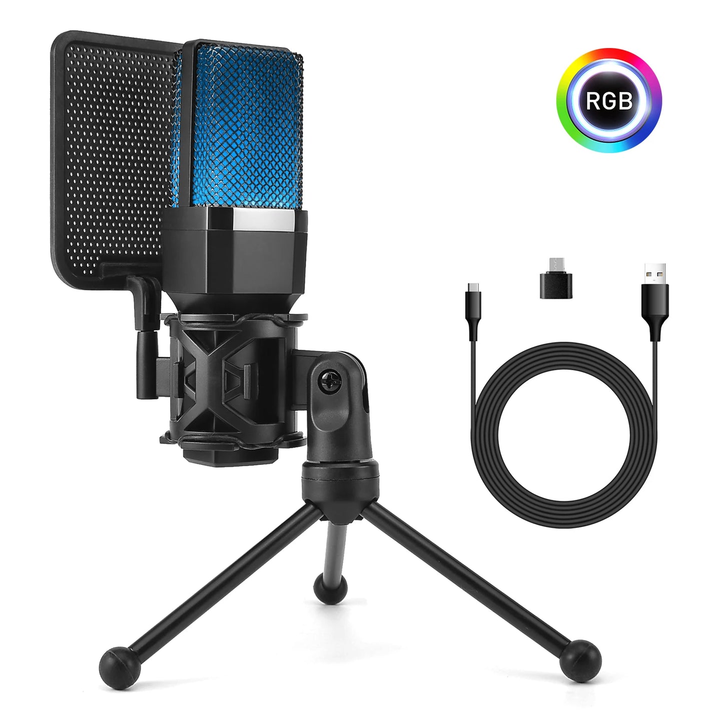 Professional Microphone Condenser Gaming Mic PC Laptop Computer USB Wired Streaming Studio Podcast Mike Kit Gamer RGB PC Karaoke