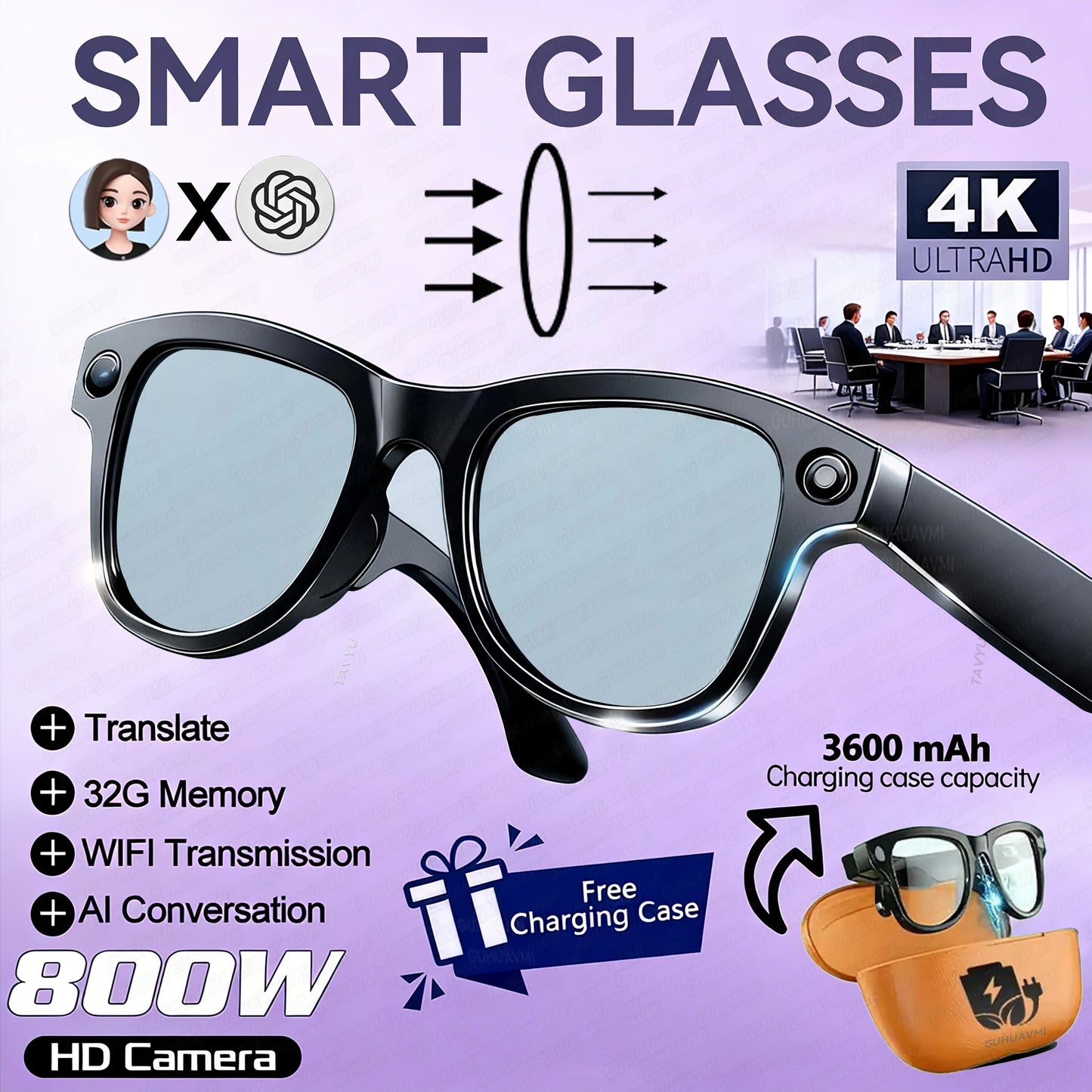 Lunettes connectées 2026 pour femmes, batterie externe 3600 mAh, caméra 800 W, traduction de plus de 120 langues, enregistrement vidéo, lecteur de musique, lunettes pour hommes