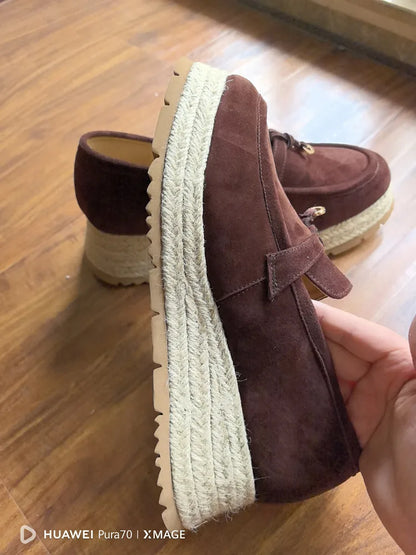 MKKHOU Fashion Loafers New High Quality Real Leather Suede Vintage Straw Braid Platform Shoes Daily Casual Light Shoes Neutral