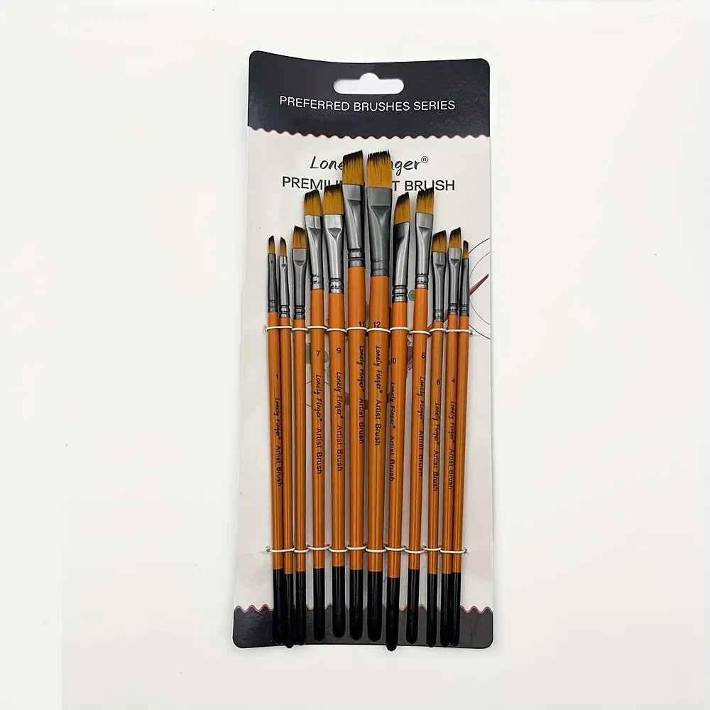 12pcs Premium Angular Paint Brushes - High-Quality Nylon Hair Angled Watercolor Brushes for Acrylics, Watercolors, Gouache