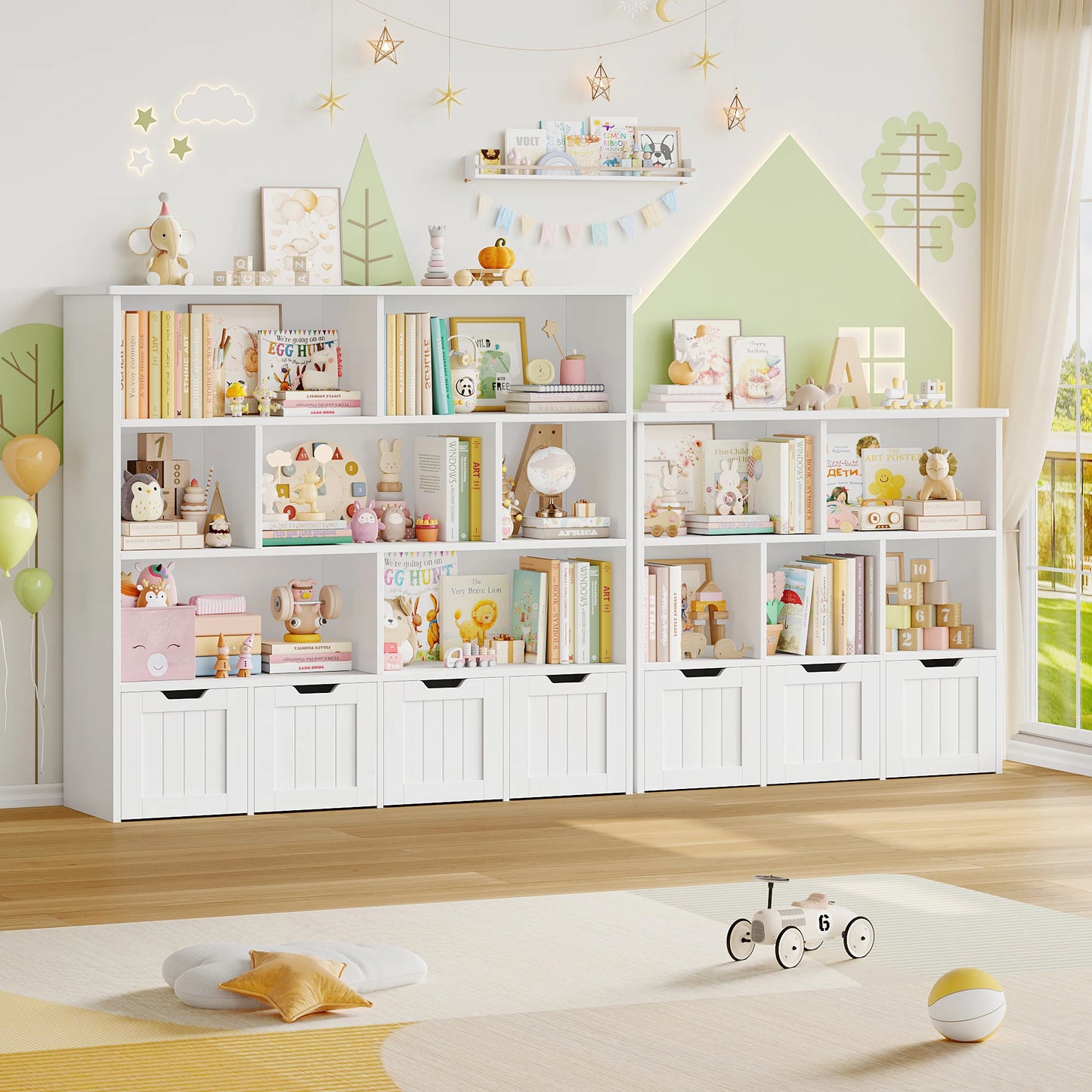 Getone Kids Toy Storage Unit Childrens Bookcase with 4 roller drawers 8 shelves Toy Organiser Kids Bookshelf for Nursery Playroom 125.5x33x118cm White/ Pink