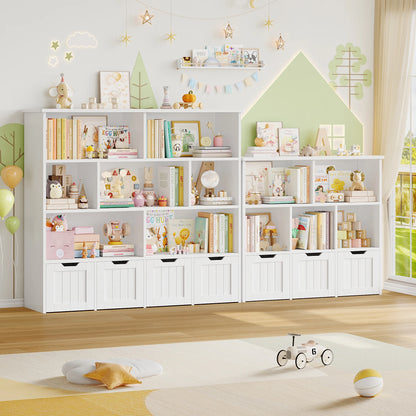 Getone Kids Toy Storage Unit Childrens Bookcase with 4 roller drawers 8 shelves Toy Organiser Kids Bookshelf for Nursery Playroom 125.5x33x118cm White/ Pink