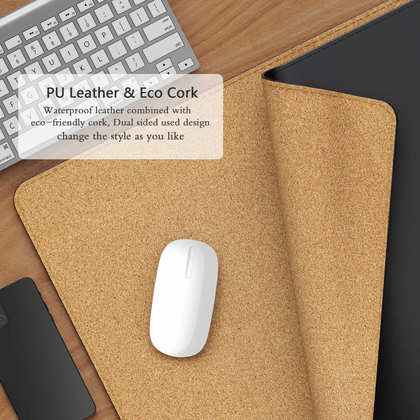 Dual Sided Desk Mat,Leather Desk Pad,Black Cork Desk Mat Protector,Large Mouse Pad,Desk Writing Pad for Office and Home